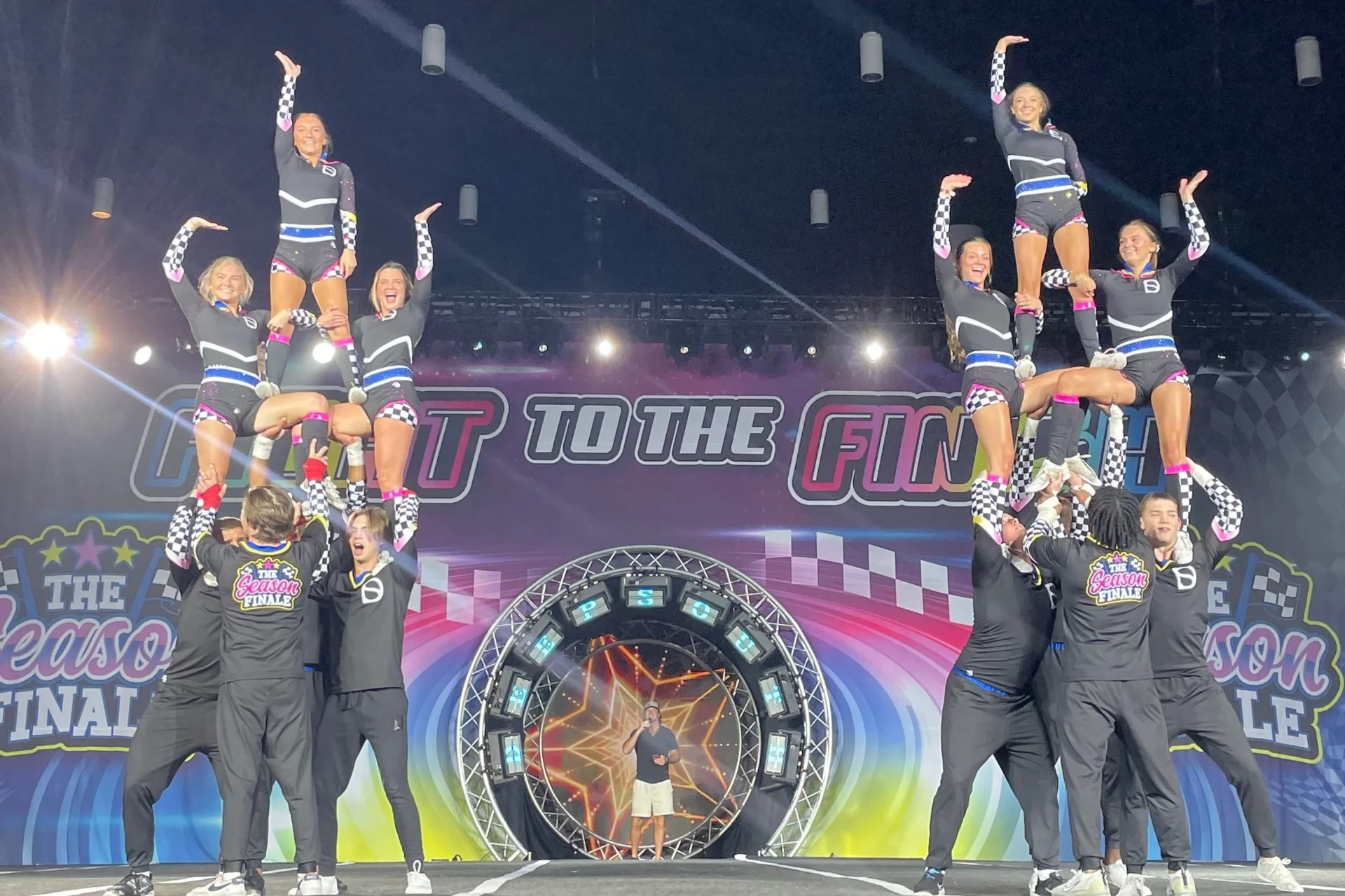 Cheer team under stadium floodlights